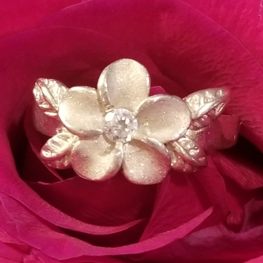 .925 Sterling silver Plumeria CZ ring